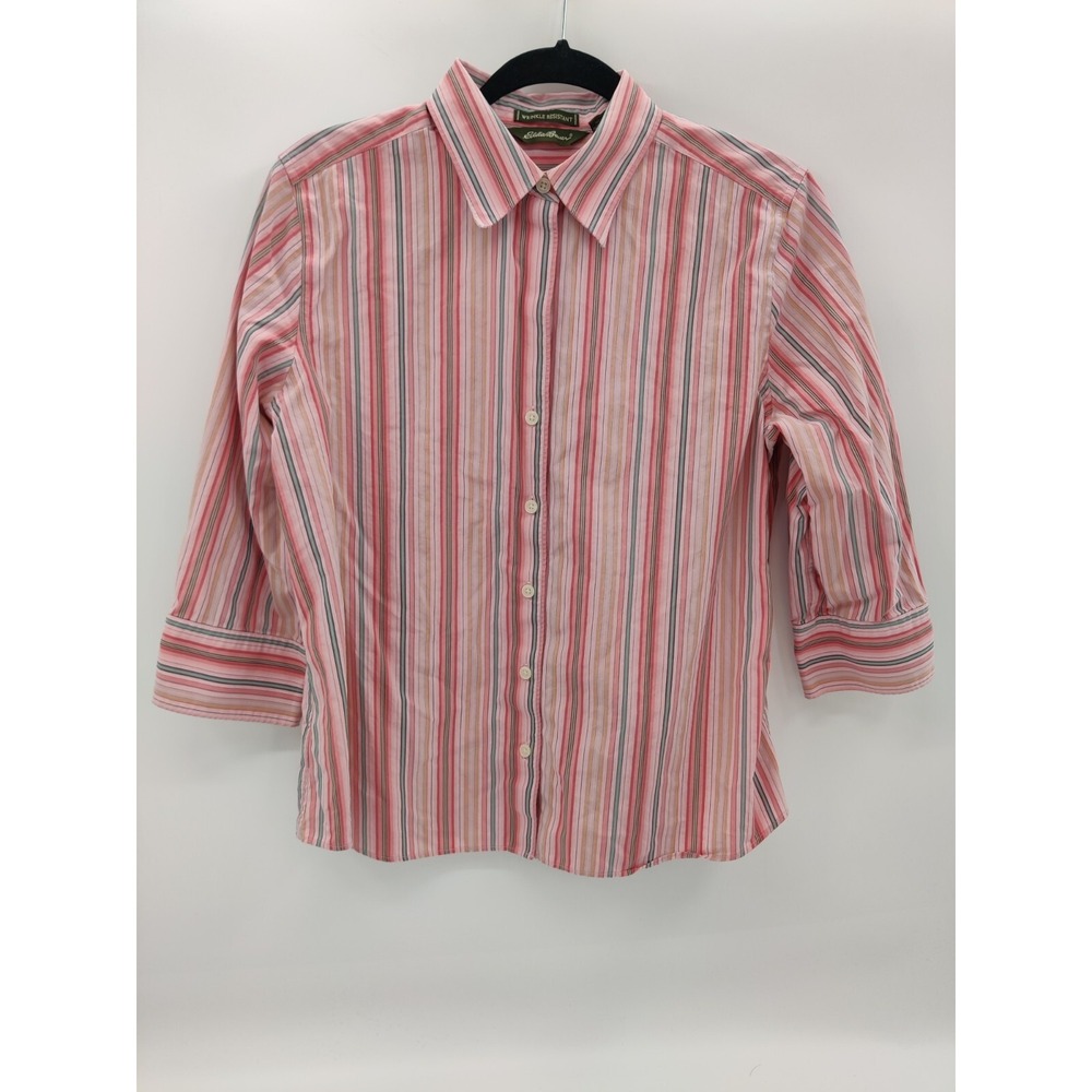 Eddie Bauer Womens L Pink Striped Button Down Shirt 3/4 Sleeve Wrinkle Resistant